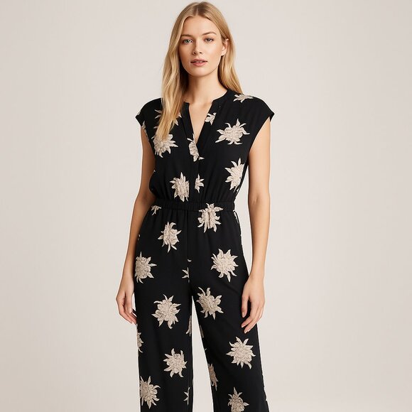 Vince 100% Silk Floral Sleeveless Black Cream Jumpsuit Midi Size M - Picture 7 of 16